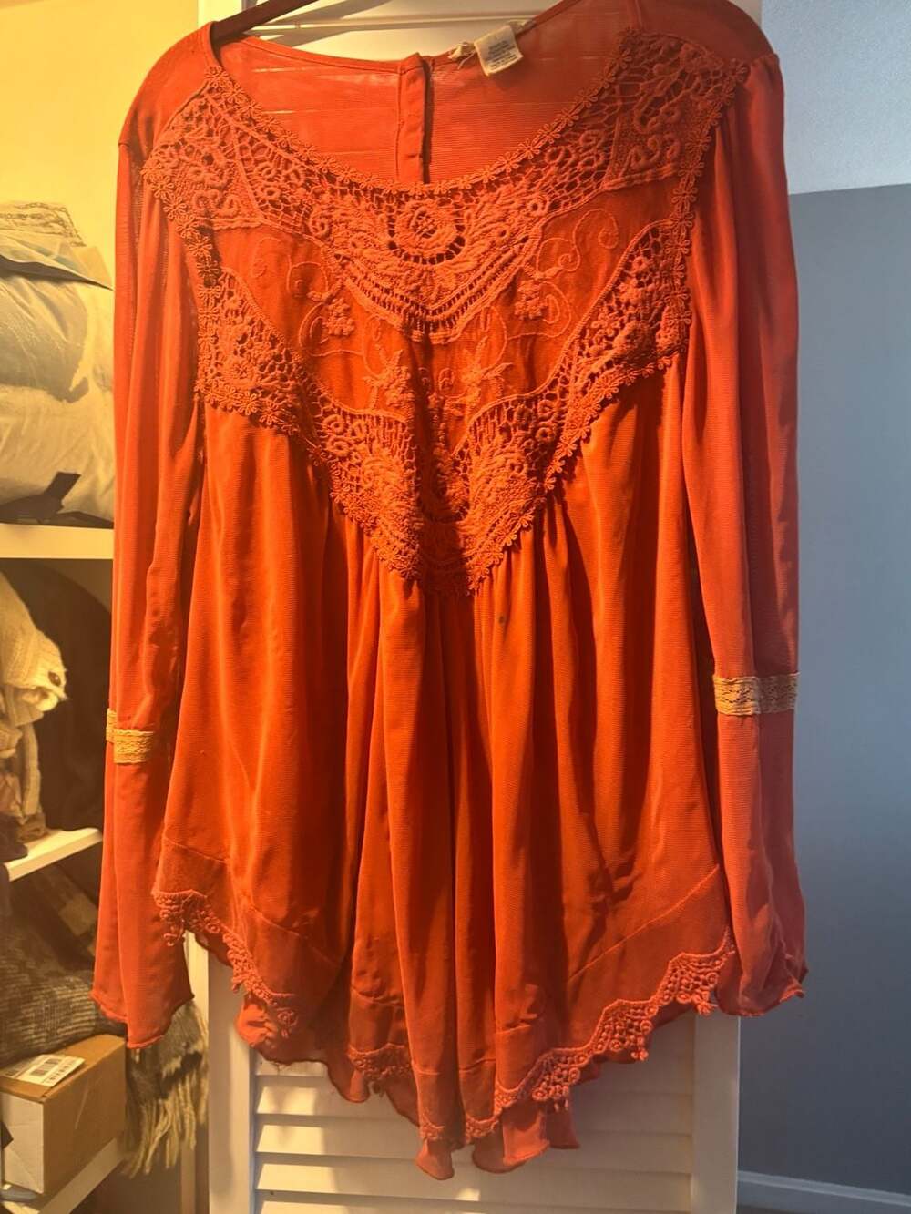 Indigo Thread Co. Orange Sheer Long Sleeve Blouse with Crochet Lace Trim Size L